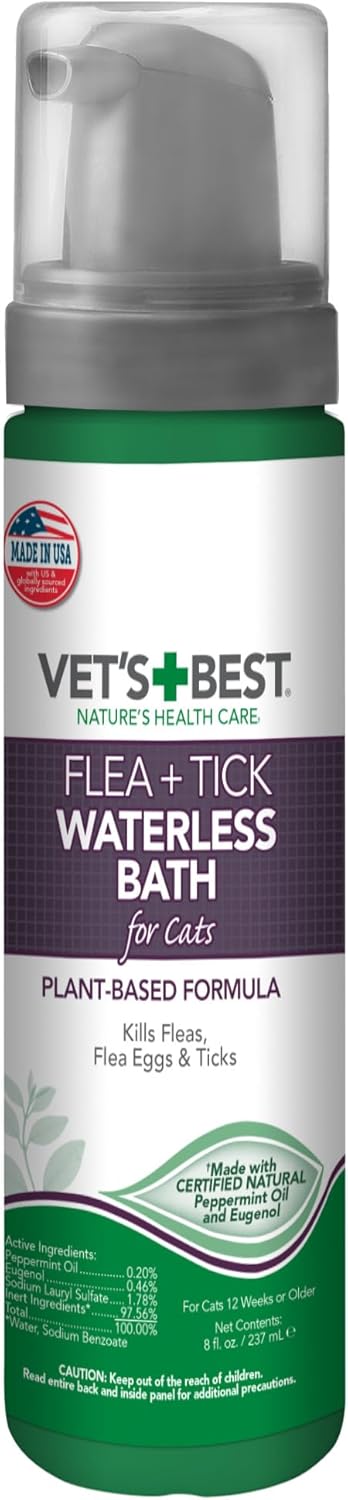 Vets Best Flea  Tick Waterless Bath Foam for Cats - Flea-Killing Dry Shampoo for Cats - Plant-Based Formula - Certified Natural Oils - 8 oz