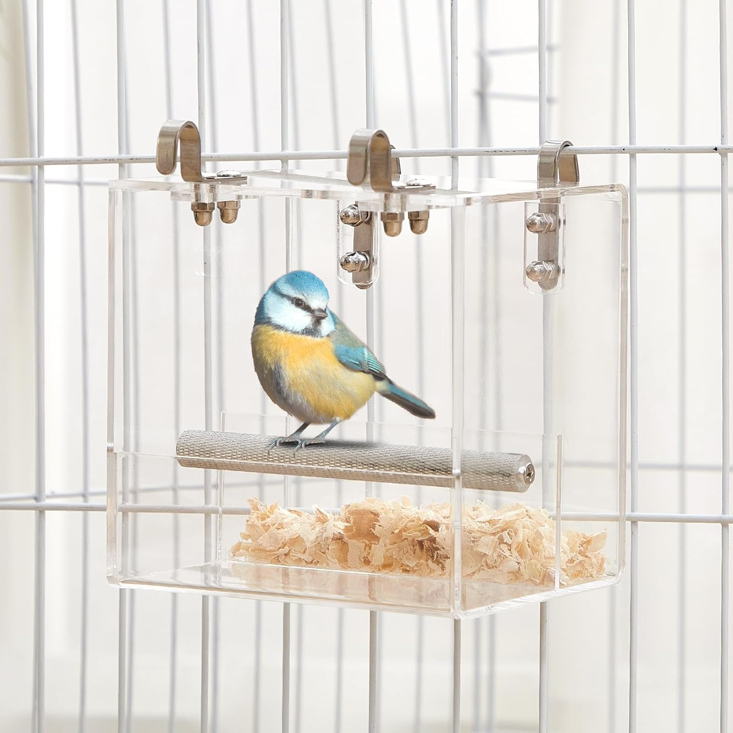 2 Pieces No Mess Bird Cage Feeder 5.1 x 5.1 x 4.3 Inches Bird Feeder Transparent Acrylic Bird Cage Automatic Seed Container for Parakeet Canary Parrot Finch Canary