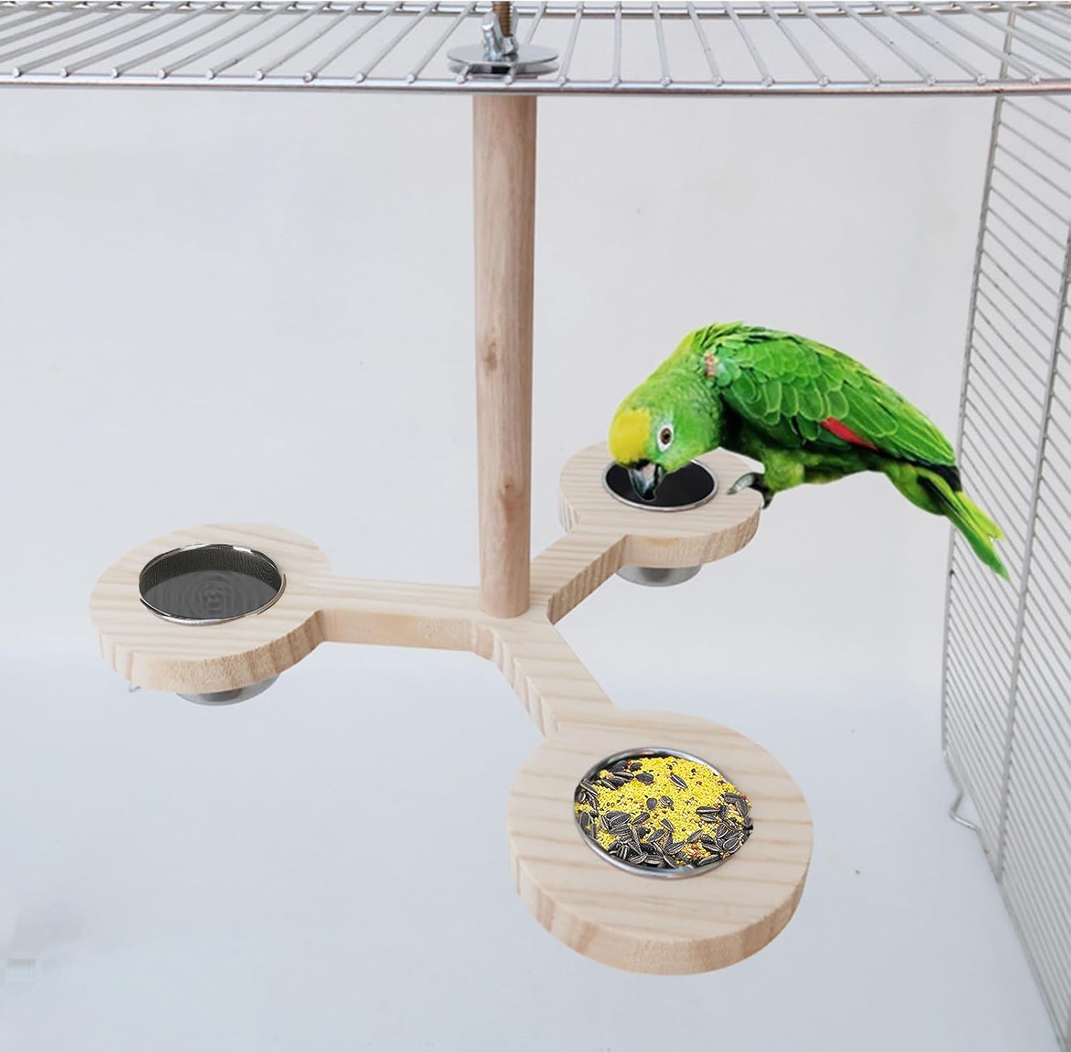 Bird Perch with 3 Stainless Steel Bird Feeding Dish Cups，Parrot Cage Top Branch Standing Bird Feeder Parrot Food Water Bowls for Parakeets Conures Cockatiels Budgie Parrot