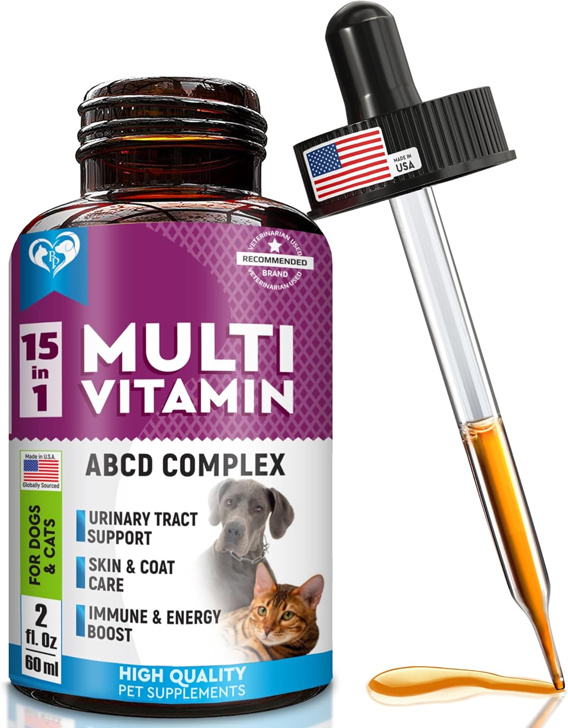 Cat  Dog Multivitamin Liquid with Glucosamine  Cranberry | 15 in 1 Health Supplements for Urinary Tract Kidney, Bladder, Hip  Joint, Skin  Coat | Natural UTI Medicine Made in USA (60 ml)