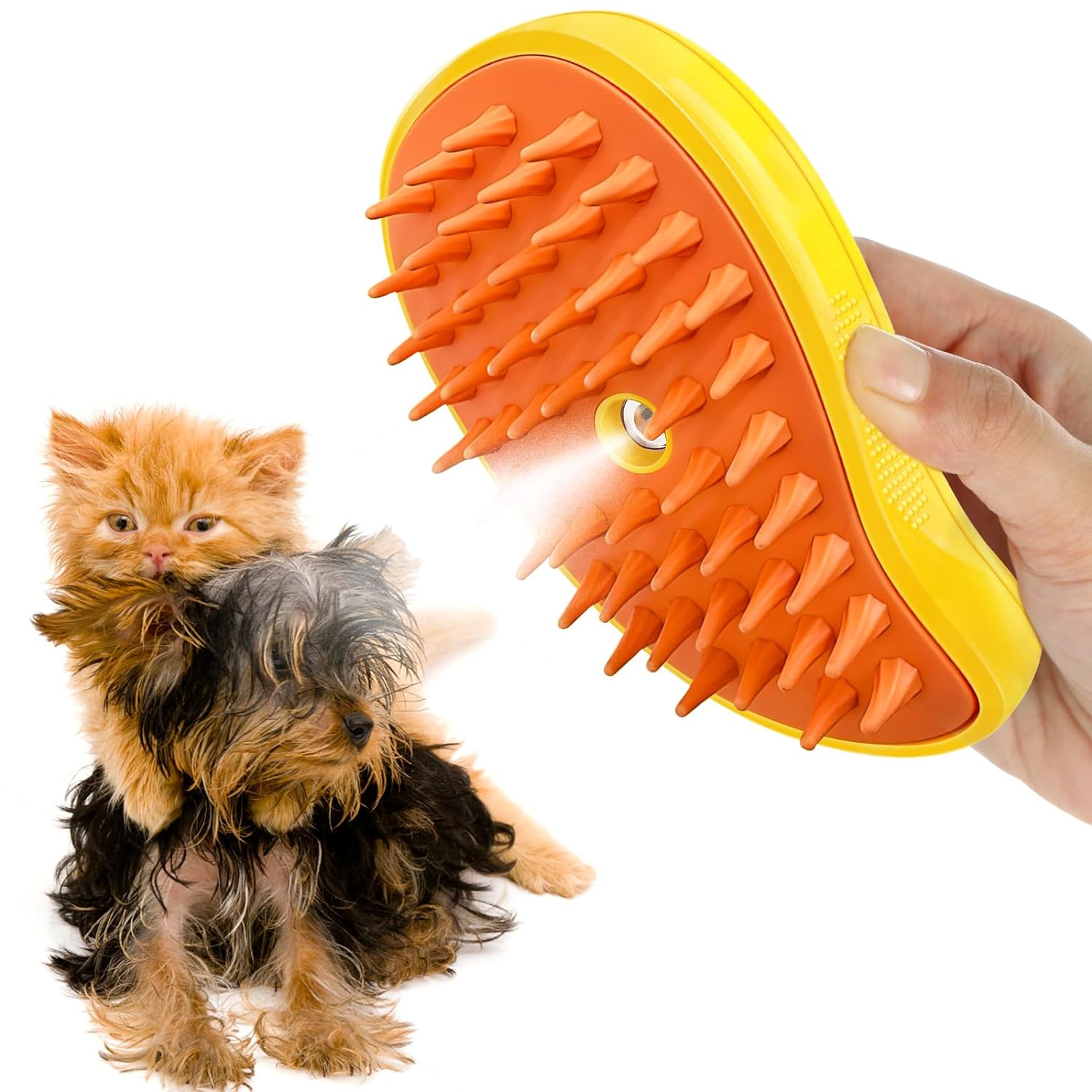 Cat Mist Brush, 3 in 1 Cat Comb for Massage, Self Cleaning Cat Brush with Water, Rechargeable Silicone Dog Steam Brush, Cat Bath Brush Eliminates Flying and Tangled Hair Cat Grooming Comb(Yellow)