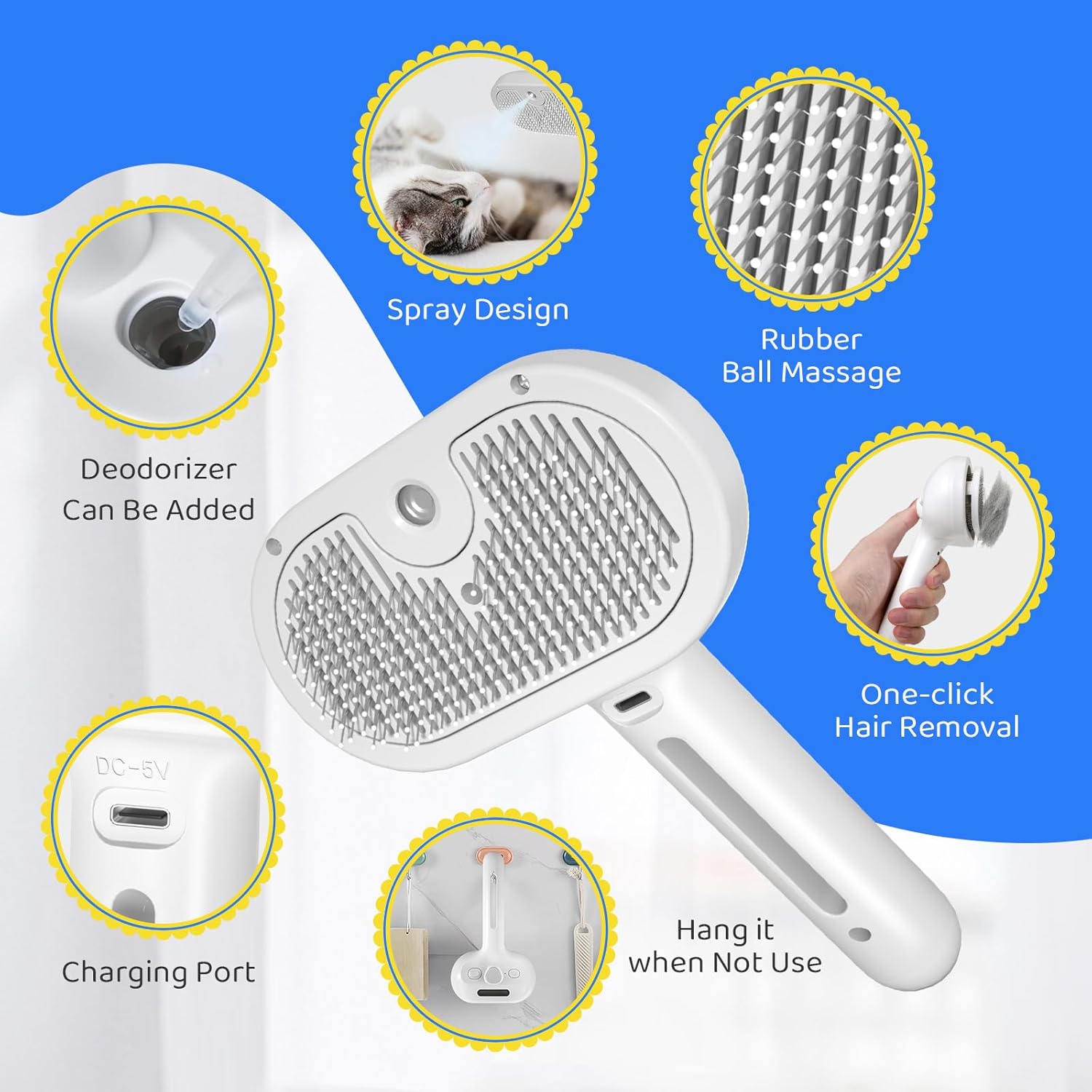 Cat Steam Brush for Shedding, Self Cleaning Cat Grooming Brush for Massage, Cat Brush with Steam for Removing Tangled and Loosse Hair, Steamy Cat Brush for Long and Short Hair Dogs and Cats (White)