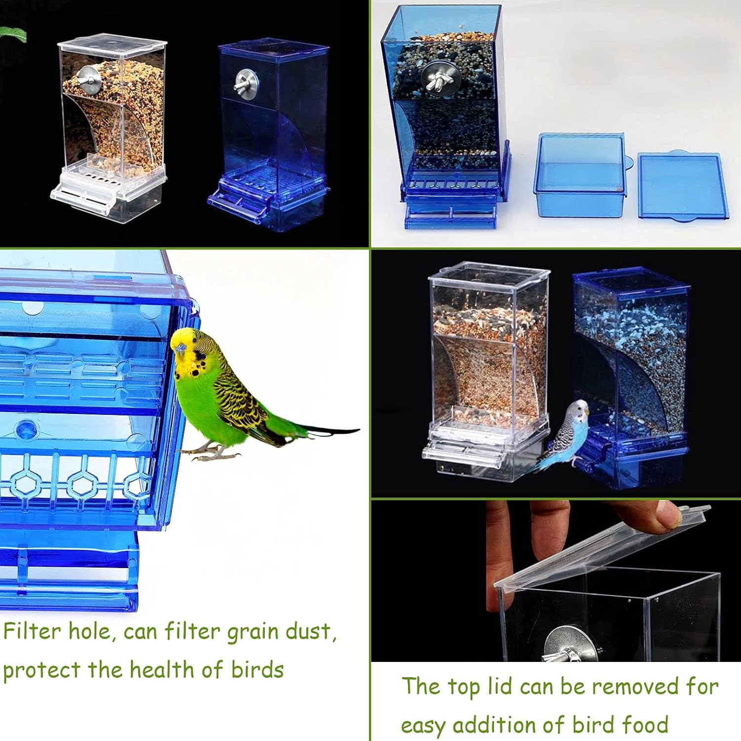 Kathson No-Mess Bird Cage Feeder Automatic Parrot Feeders Seeds Container Acrylic Finch Foraging Feeders Parakeet Food Dispenser Cage Accessories for Small Birds Canary Budgie Lovebirds