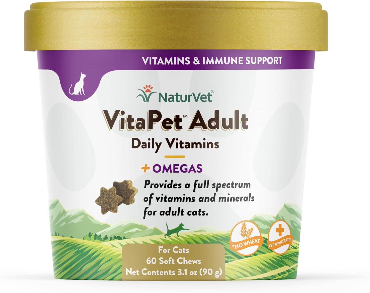 NaturVet VitaPet Adult Daily Vitamins Plus Omegas for Cats, 60 ct Soft Chews, Made in The USA with Globally Source Ingredients