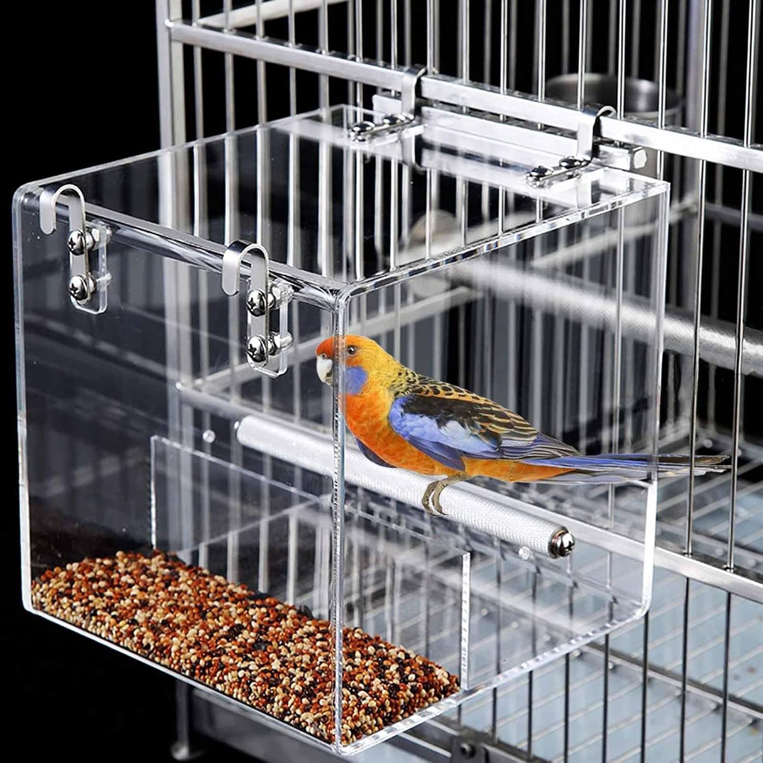 No Mess Bird Feeder for Cage, Automatic Acrylic Bird Feeder Seed Catcher Tray Cage with Stainless Steel Hooks for Small Bird Parrots Canary Parakeet Budgerigar Crested Cockatiel Lovebird (Small)