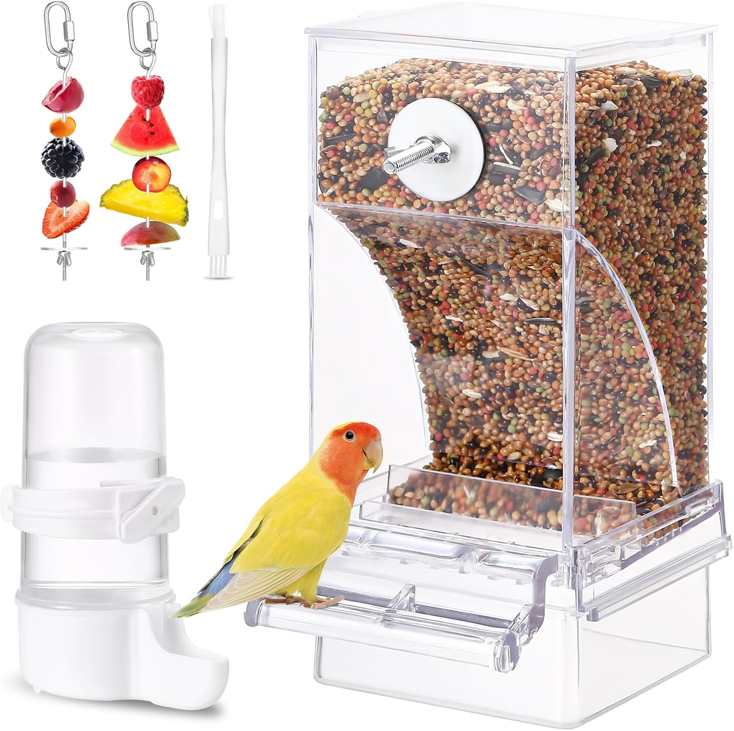 No Mess Bird Feeder Water Dispenser Set, 5PCS Automatic Bird Cage Feeders, Acrylic Parakeet Seed Food Feeder Drinke with Veggies Skewer for Lovebirds Budgies Canary Finch