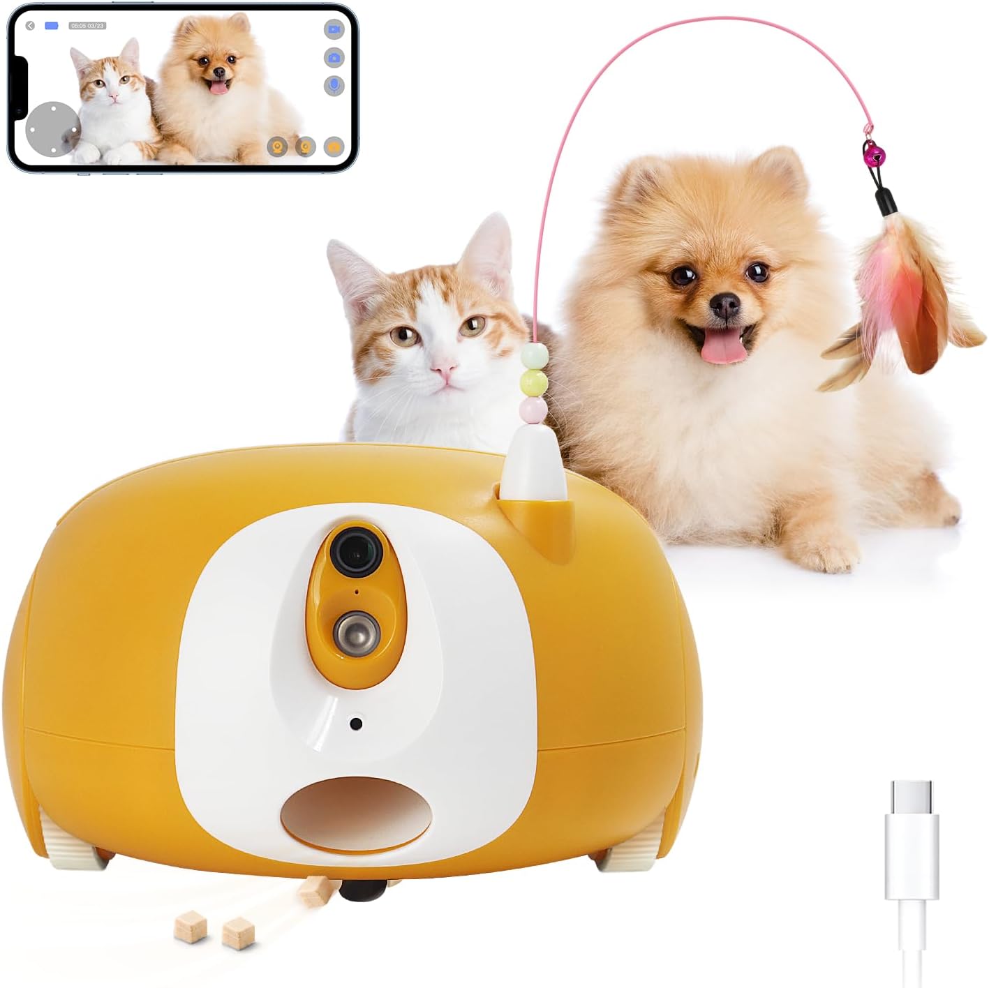 Pet Camera Treat Dispenser, Cat Dog Camera, Automatic Pet Feeder with App Remote Control, 2 Way Audio, 1080P HD Mobile Camera with Night Vision, Interactive Replaceable Cat Teaser