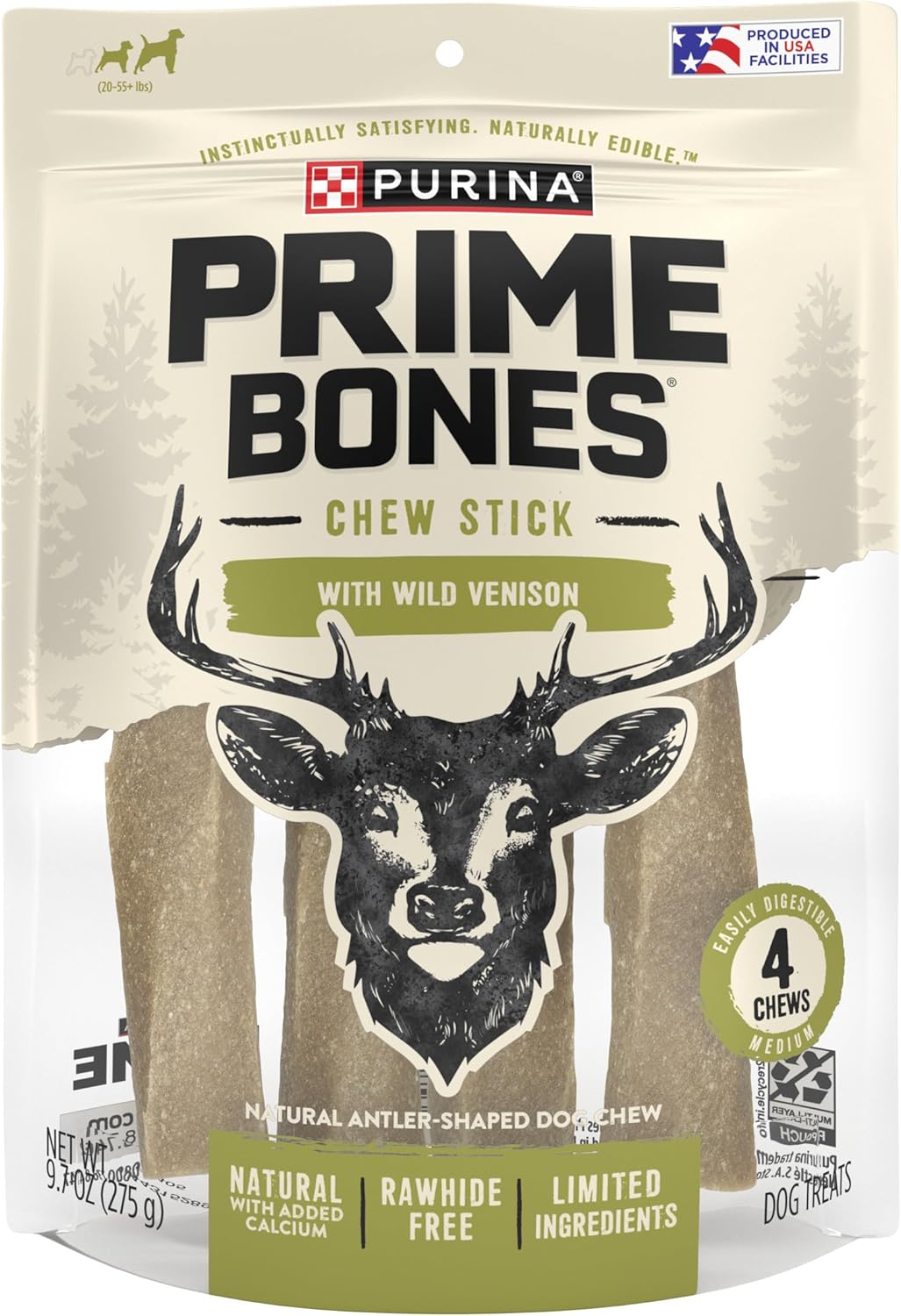 Purina Prime Bones Made in USA Facilities Limited Ingredient Medium Dog Treats, Chew Stick With Wild Venison - 4 ct. Pouch