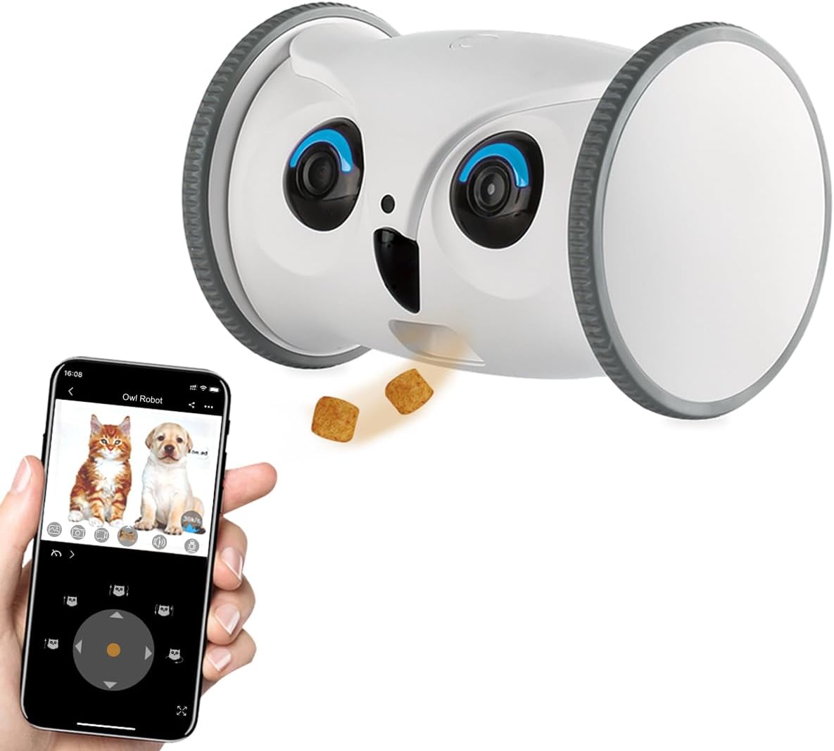 SKYMEE Owl Robot: Movable Full HD Pet Camera with Treat Dispenser, Interactive Toy for Dogs and Cats, Mobile Control via App