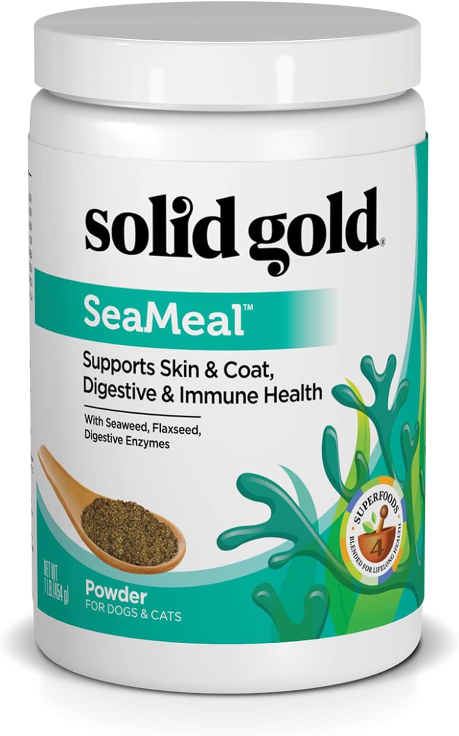 Solid Gold SeaMeal Cat  Dog Food Topper - Kelp Powder Dog  Cat Multivitamin - Omega 3  Digestive Enzymes for Skin  Coat, Gut + Immune Support - 1 LB