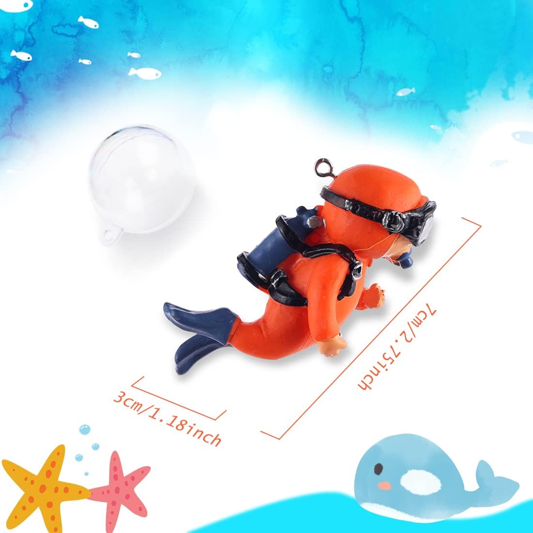 Voyyphixa 2 Pack Fish Tank Decorations, Aquarium Ornaments Diver with Floating Device Aquarium Accessories Fishes Pet Toys for Freshwater Saltwater Aquarium (2Pcs Orange)