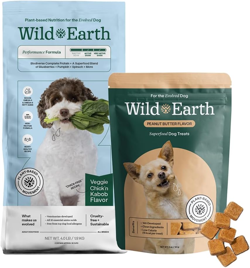 Wild Earth Performance Dog Food 4lb Bag, Veggie Chickn Kabob Flavor + Superfood Plant-Based Dog Treats, Peanut Butter Flavor Bundle | Vegetarian, Wheat-Free, Veterinarian-Developed