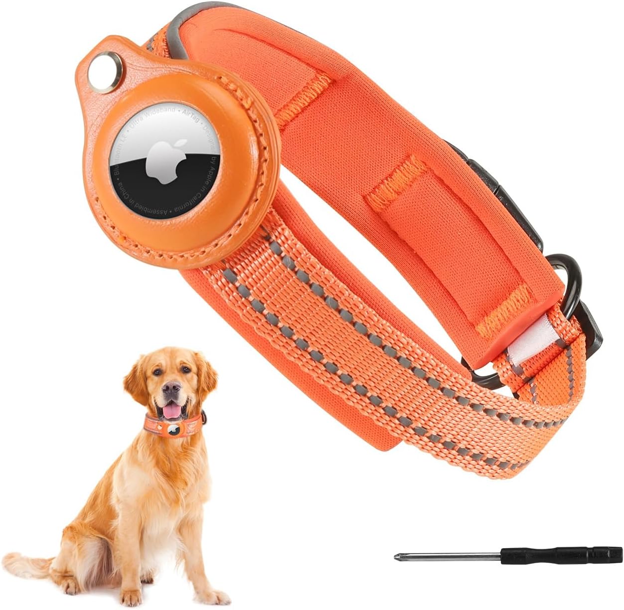 AirTag Dog Collar, Reflective Dog Collar with AirTag Holder Case, Padded Apple Air Tag Dog Collar, Adjustable Pet Collar for Small Medium Large Dogs (M, Orange)