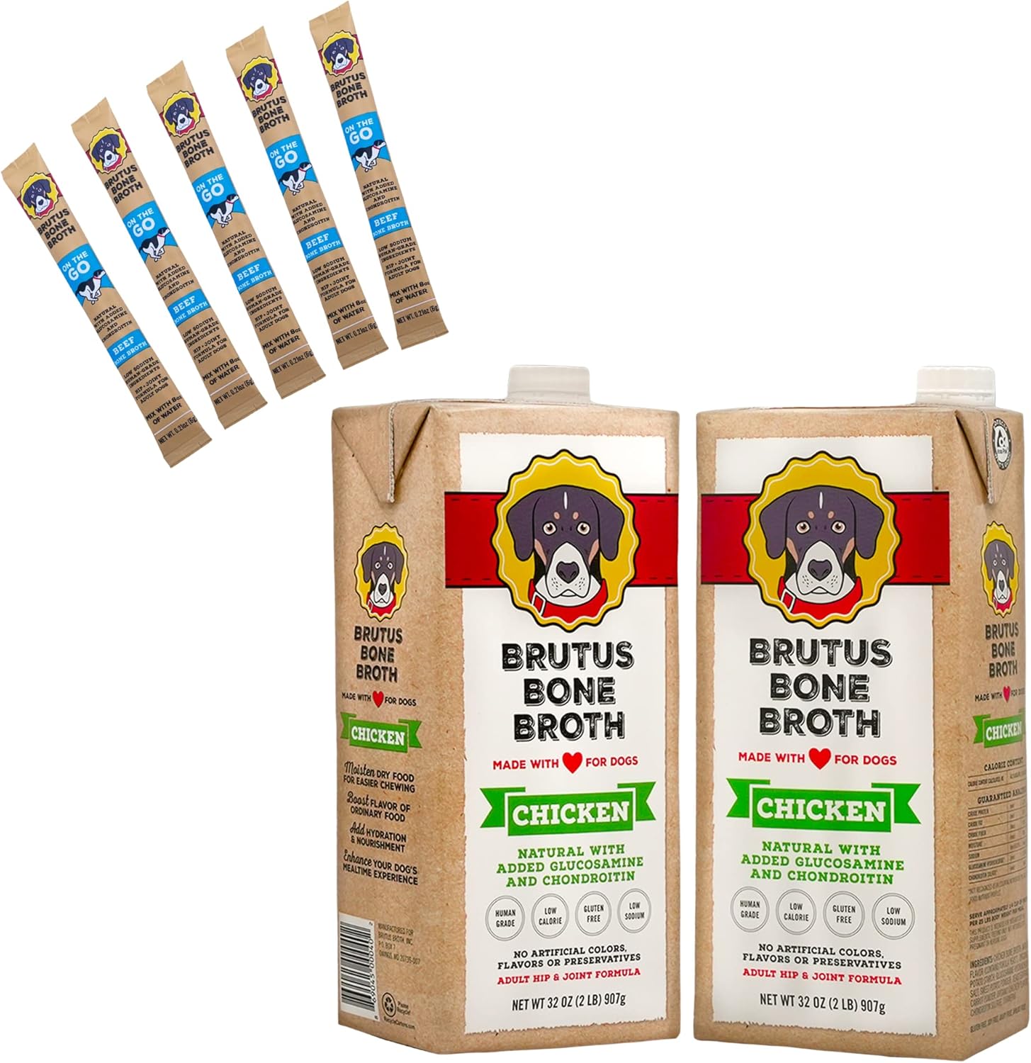 Brutus Bone Broth for Dogs (Chicken, 2-Pack) and Brutus On The Go Instant Bone Broth (Beef, 5-Pack)