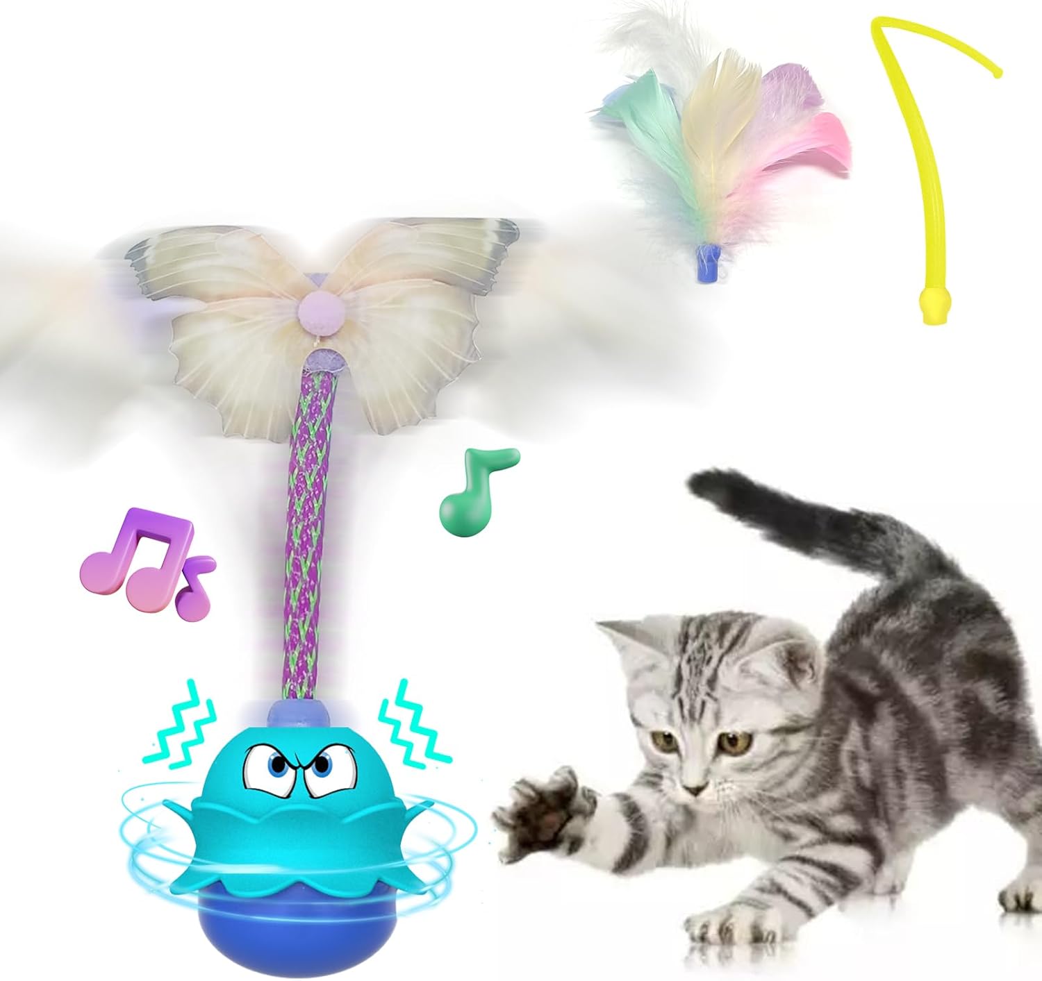 Cat Toys Monster, 3in1 Rechargeable Automatic Interactive Cat Toy for Indoor Cats Exercise, Real Feathers, Silicone and Butterfly Tail, LED Lighting, Mice Squeak Chirping, Blue