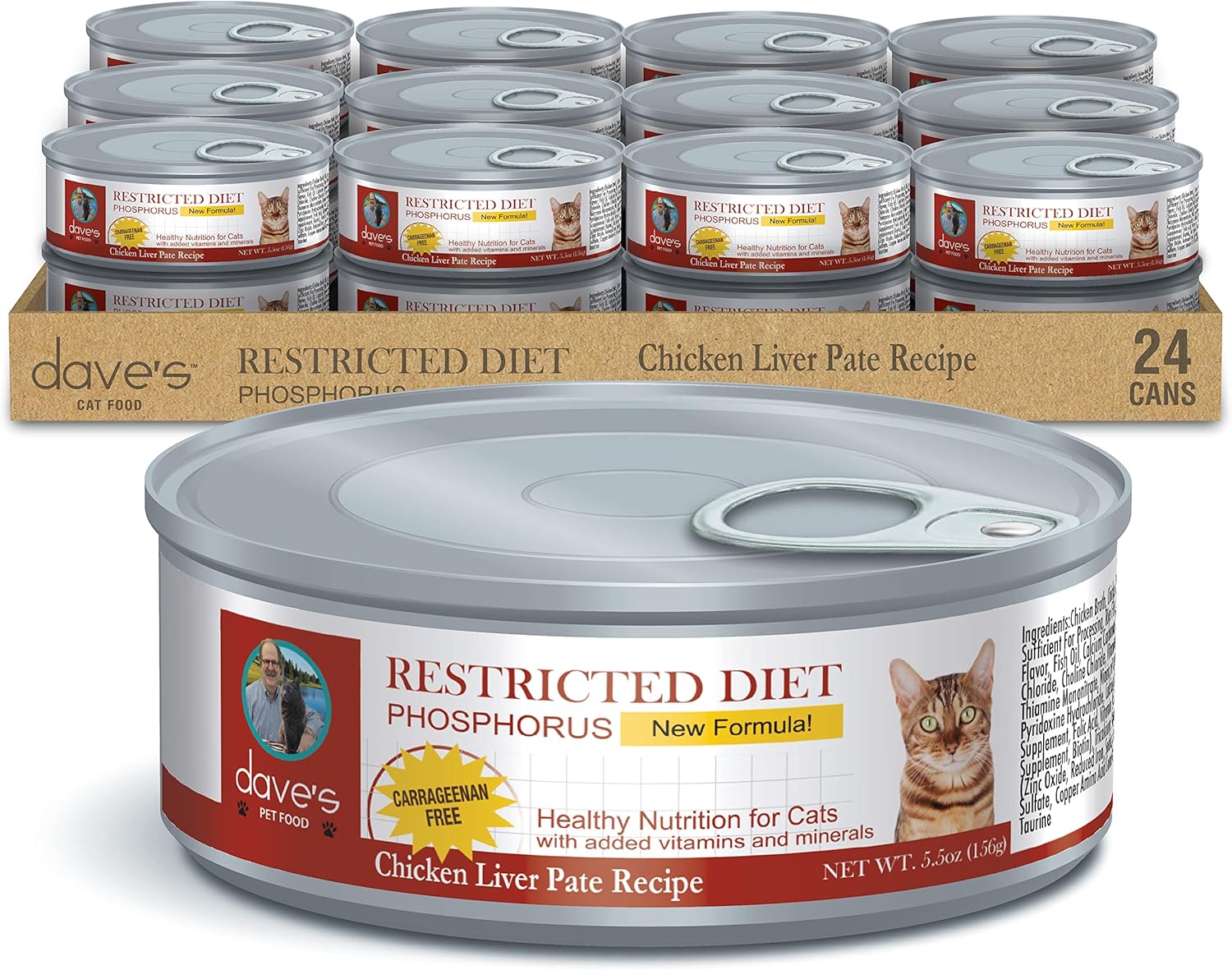 Daves Pet Food Kidney Support Wet Canned Cat Food for Renal Health (Chicken Liver  Chicken Pate), Non-Prescription Low Phosphorus Restricted Diet (5.5 oz, Case of 24)