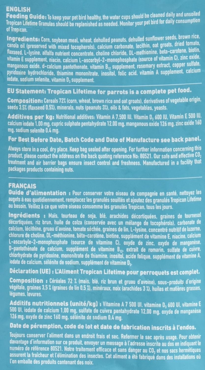 Hari Hagen Tropican Lifetime Formula Parrot Food, 4 lb Parrot Food with Peanuts  Sunflower Seeds and Balance Nutrition Levels