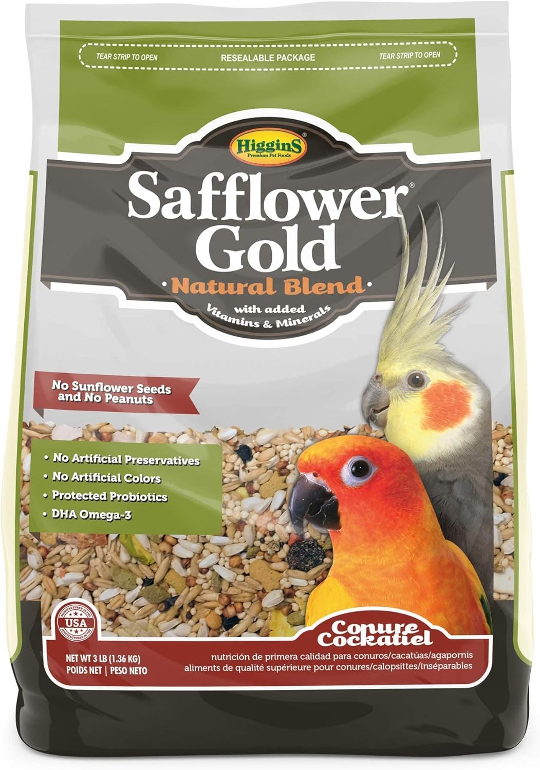 Higgins Safflower Gold Natural Food Mix for Conures  Cockatiels, 3lbs