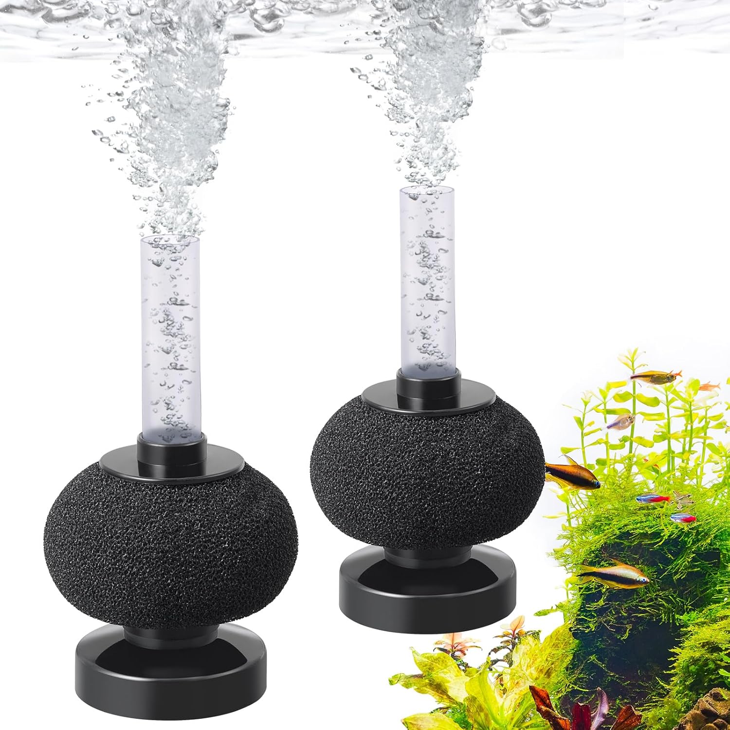 HITOP 2 Pack Aquarium Bio Sponge Filter: 4in Mini Air-Powered Fish Tank Filter, Quiet Small Sponge Filter for up to 15gallon Fish Tank, Betta Tank, Shrimp Tank, Fry Tank, Breeding