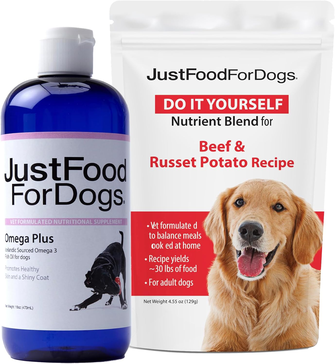 JustFoodForDogsDIY Human Quality Dog Food,Grain Free Nutrient Blend Base Mix for Dogs-Beef and Russet Potato Recipe (129 Grams)  Omega Plus Fish Oil for Dogs-Omega 3 Liquid Supplement for Pets-16 oz