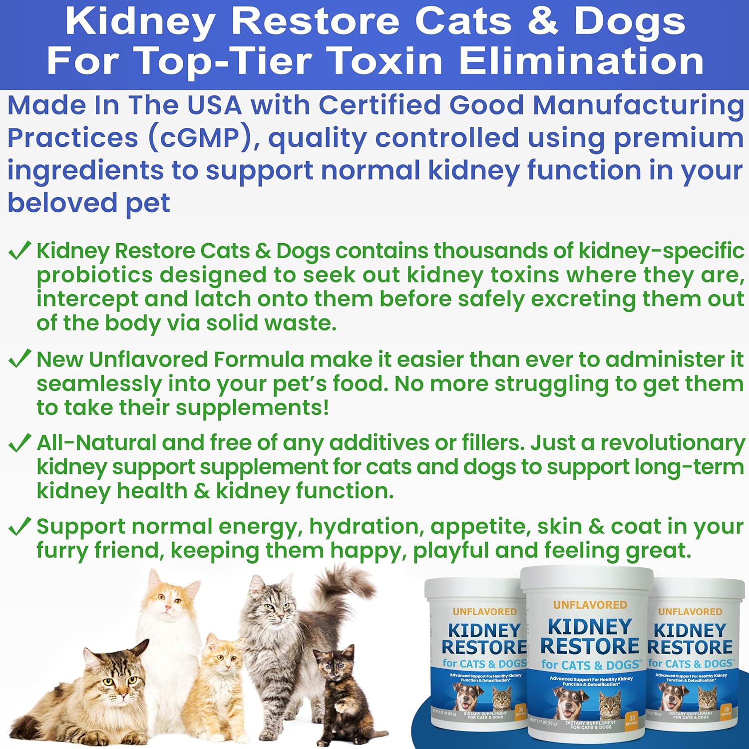 Kidney Restore Cats  Dogs Unflavored for Supporting Normal Kidney Function, Creatinine, Pet Renal Kidney Health Supplement Felines Canines