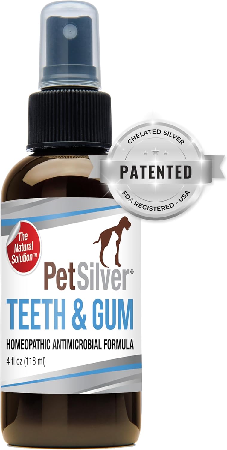 PetSilver Teeth  Gum Spray, Patented Chelated Silver, Natural Dog Breath Freshener, Cat and Dog Dental Cleaning Without Brushing, Targets Tartar and Plaque, Dog Dental Spray, Made in USA, 4 oz.