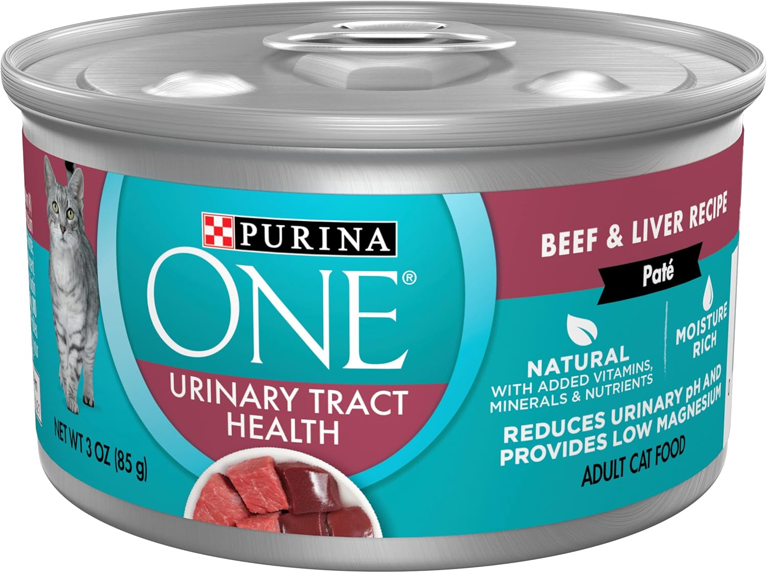 Purina ONE Urinary Tract Health, Natural Pate Wet Cat Food, Urinary Tract Health Beef  Liver Recipe - (Pack of 24) 3 oz. Pull-Top Cans