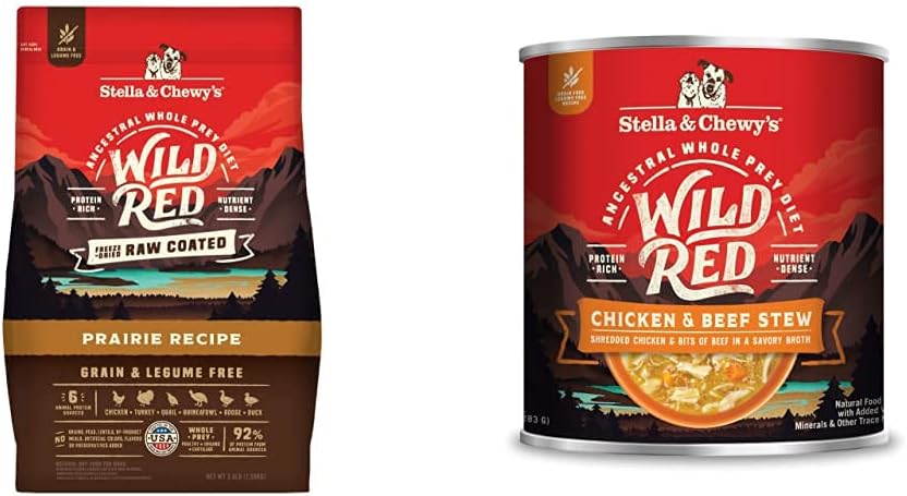 Stella  Chewys Wild Red Raw Coated Kibble Dry Dog Food Grain Free Prairie Recipe, 3.5lb Bag + Wild Red Chicken  Beef Stew Wet Dog Food, 10oz Cans (Pack of 6)