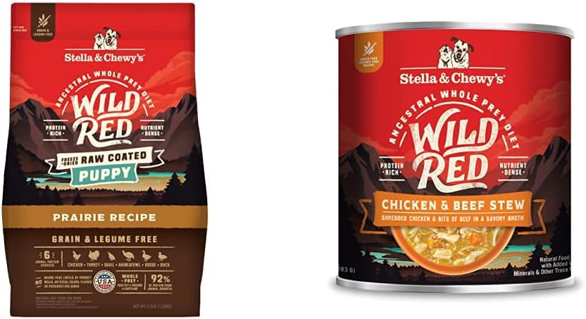 Stella  Chewys Wild Red Raw Coated Kibble Dry Dog Food Grain Free Puppy Prairie Recipe, 3.5lb Bag + Wild Red Chicken  Beef Stew Wet Dog Food, 10oz Cans (Pack of 6)