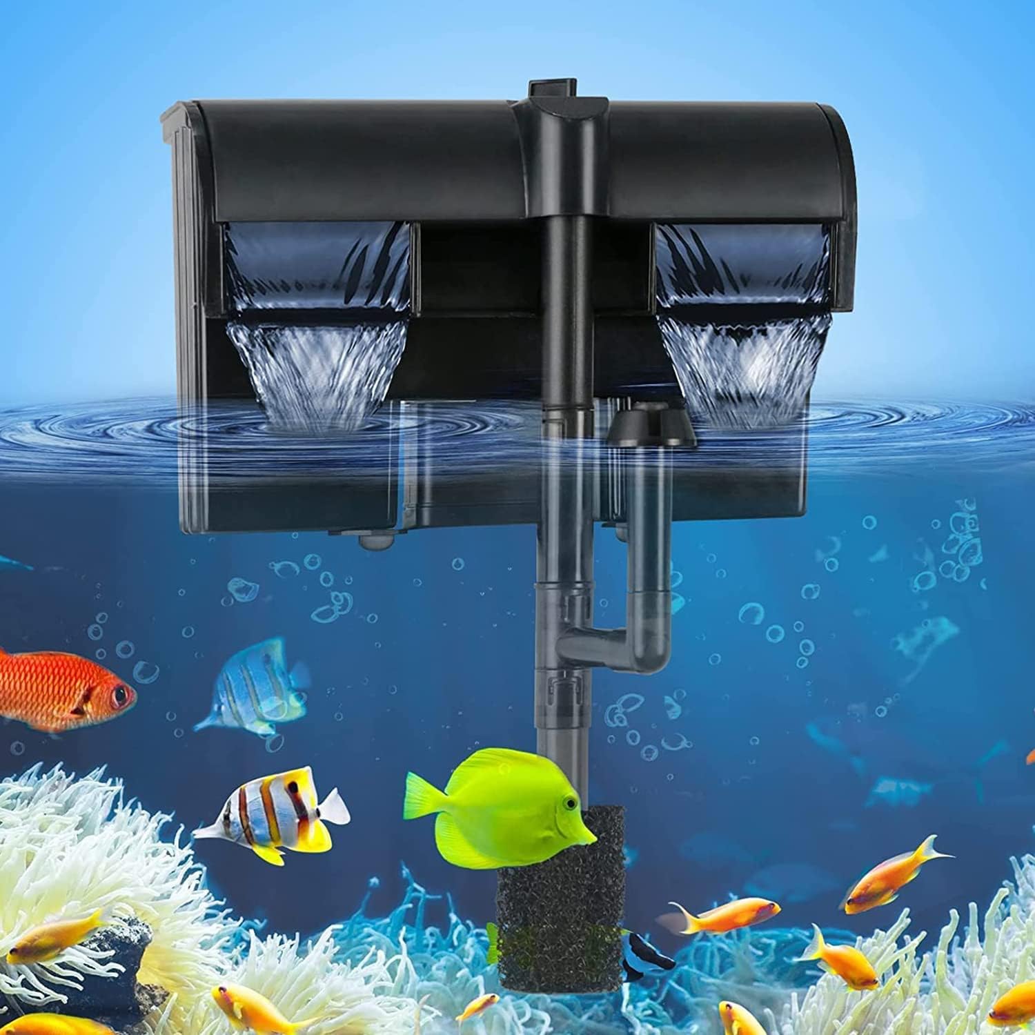 TARARIUM Aquarium Power Filter w/Surface Skimmer for 20-55 gal. Saltwater  Freshwater Fish Tank Hang on Back Filter 158GPH Double Waterfall Suspension Oxygen 4-Stage Filtration System