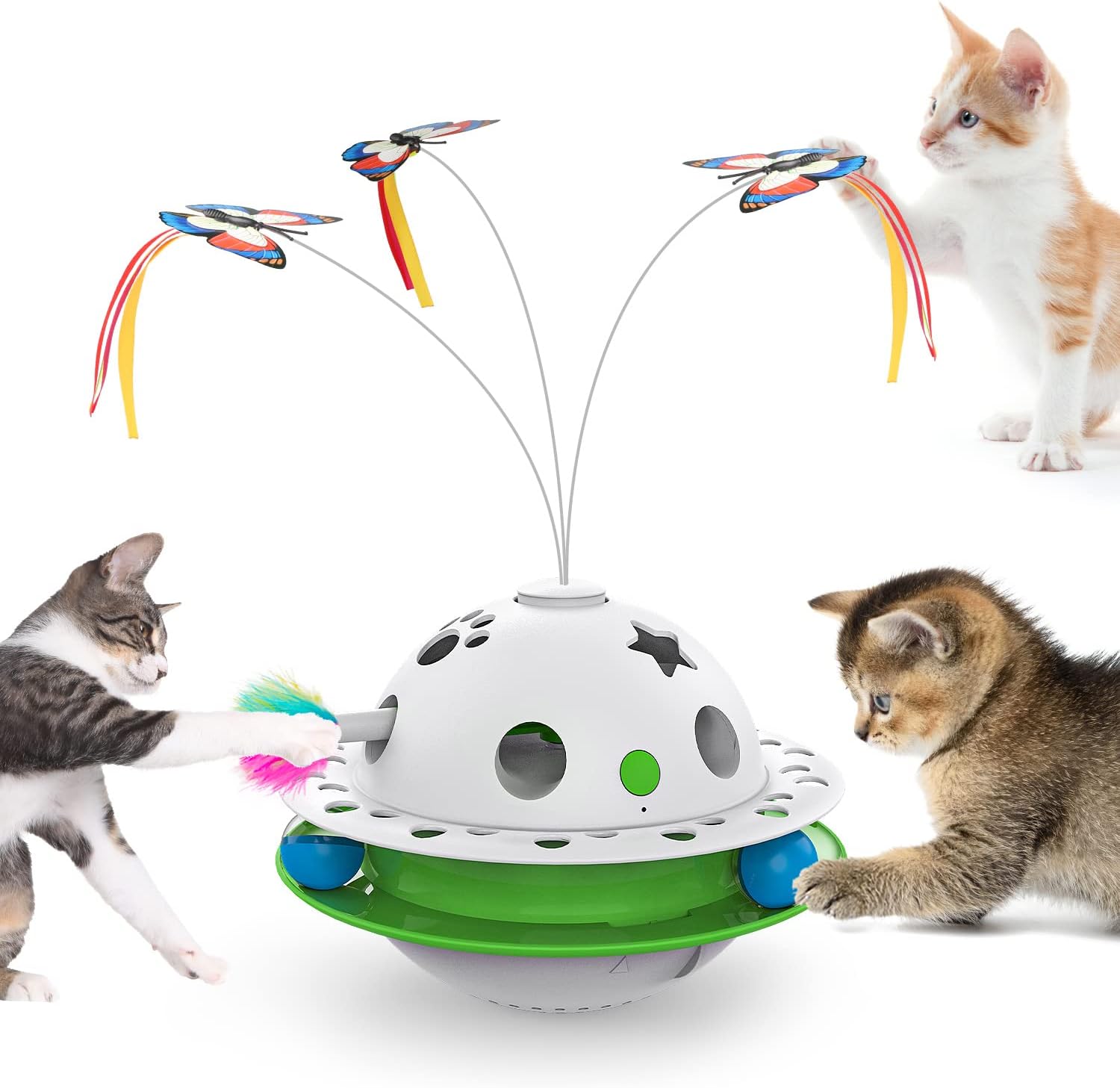 Tyasoleil 3 in 1 Smart Cat Toys, Interactive Cat Roly Poly Toy, Electric Indoor Kitten Toys, Fluttering Butterfly,Random Whack-A-Mole Mice, Dual Power Supplies, Auto On/Off (Green)