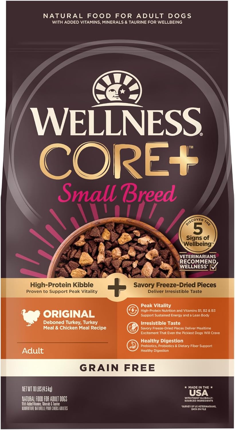 Wellness CORE+ Natural Grain Free Small Breed Dry Dog Food, Original Turkey  Chicken with Freeze Dried Turkey, 10-Pound Bag