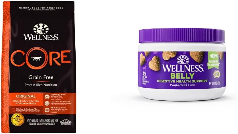 Wellness Food + Supplements Bundle: CORE Natural Grain Free Dry Dog Food, Turkey  Chicken, 4-Pound Bag Digestive Health Soft Chew Dog Supplements, Pumpkin Patch Flavored, 45 Count