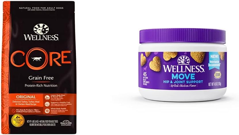 Wellness Food + Supplements Bundle: CORE Natural Grain Free Dry Dog Food, Turkey  Chicken, 4-Pound Bag Hip  Joint Health Soft Chew Dog Supplements, Grilled Chicken Flavored, 45 Count