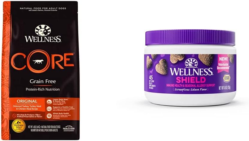 Wellness Food + Supplements Bundle: CORE Natural Grain Free Dry Dog Food, Turkey  Chicken, 4-Pound Bag Immune  Allergy Soft Chew Supplements, Salmon Flavored, 45 Count