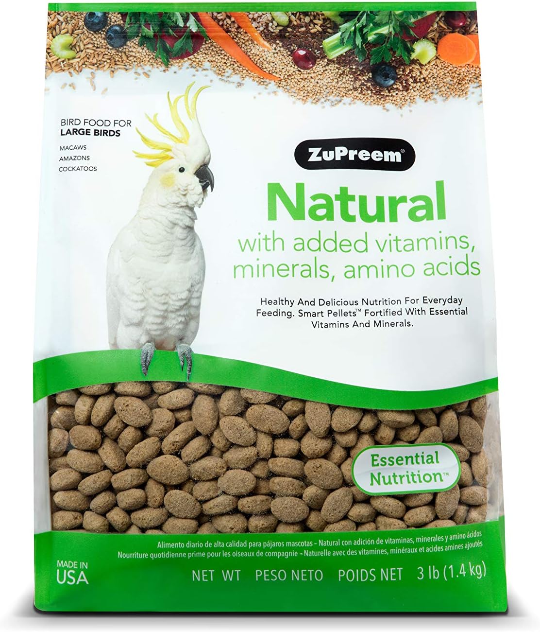 ZuPreem Natural Bird Food Pellets for Large Birds, 3 lb - Everyday Feeding Made in USA, Essential Vitamins, Minerals, Amino Acids for Amazons, Macaws, Cockatoos