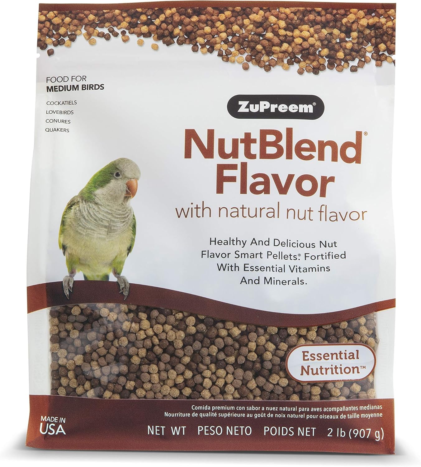 ZuPreem NutBlend Smart Pellets Bird Food for Medium Birds, 2 Pound Bag - Made in USA, Daily Nutrition, Essential Vitamins, Minerals for Cockatiels, Quakers, Lovebirds, Small Conures