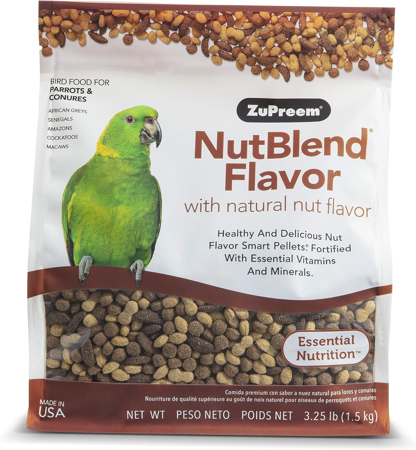 ZuPreem NutBlend Smart Pellets Bird Food for Parrots  Conures, 3.25 lb - Made in USA, Daily Nutrition, Vitamins, Minerals for African Greys, Senegals, Amazons, Eclectus, Cockatoos