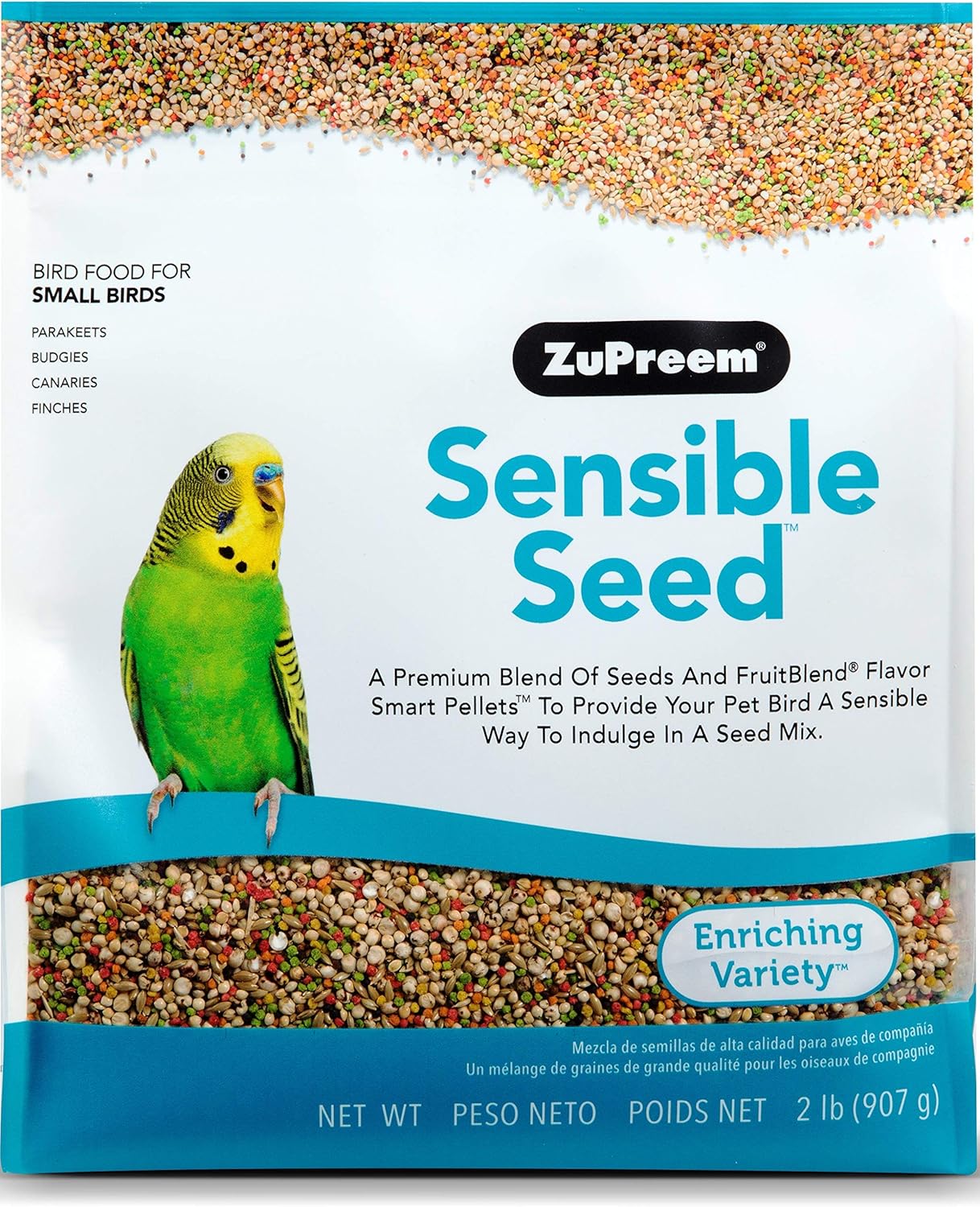 ZuPreem Sensible Seed Bird Food for Small Birds, 2 lb - Premium Blend of Seeds and FruitBlend Pellets for Parakeets, Budgies, Parrotlets, Canaries, Finches