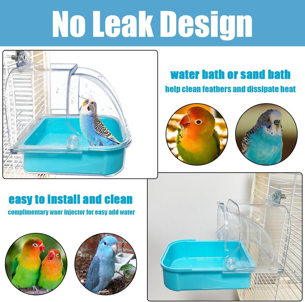 Bird Feeder for Cage No Mess Bird Cage Pet Feeder Bird Bath for Cage for Parakeet Canary Cockatiel Parrot Finch (Green Ceramic Bowl and Blue Container)