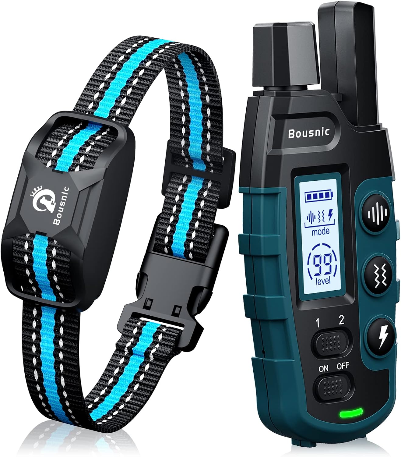 Bousnic Dog Shock Collar - 3300Ft Training Collar with Remote for 5-120lbs Small Medium Large Dogs Rechargeable Waterproof e Collar with Beep (1-8), Shake(1-16), Safe Shock(1-99) Modes (Blue)