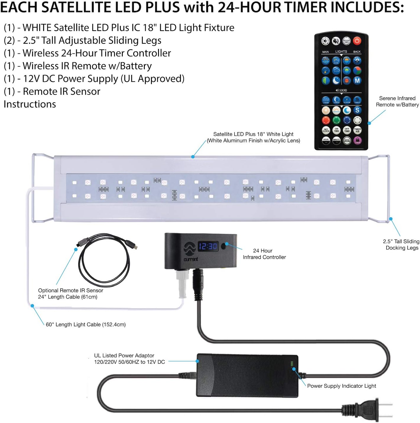 CURRENT USA 18-24 Inch White Full Spectrum Freshwater LED Aquarium Plant Light 10 15 20 25 Gallon | Satellite Plus RGB+ for Aquariums | Wireless 24 Hour Timer Remote Fish Tank Planted Lighting (4320)