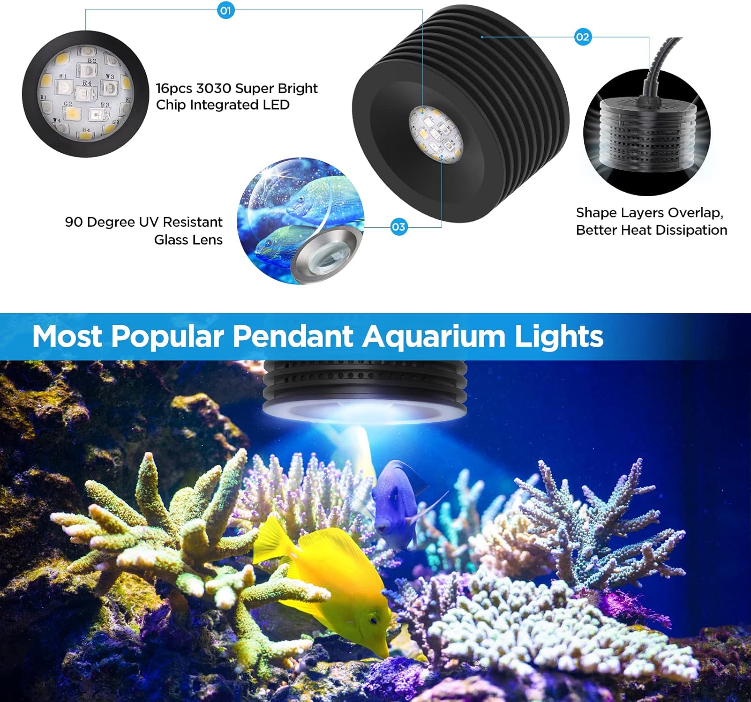 Lominie Aquarium LED Light 10 Gallon Fish Tank light Timer Clip on Aquarium Light Full Spectrum 80W 6500k for Freshwater Refugium Cube Tank with Gooseneck