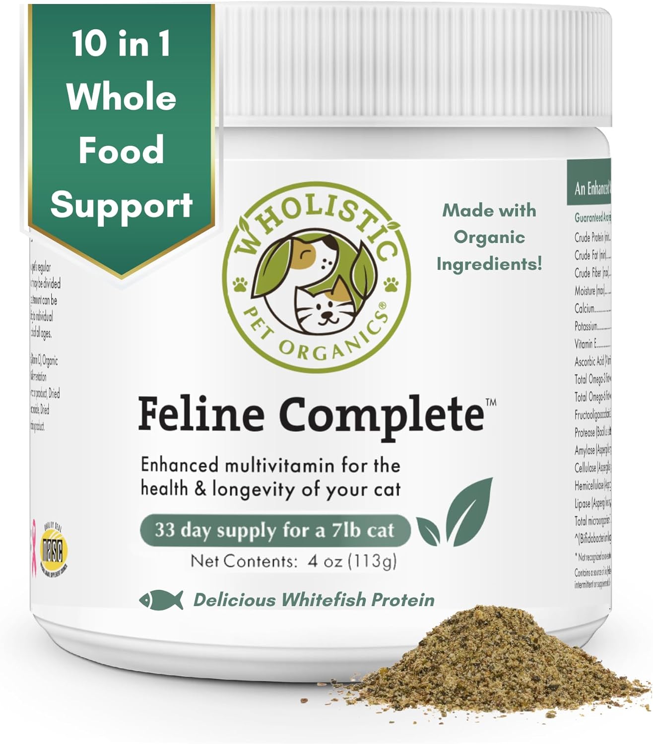 Wholistic Pet Organics Feline Complete: Cat Multivitamins Powder - 4 oz - Immune Support Supplements for Cats - Cat Probiotics, Minerals  Vitamins for Cats - Antioxidants for Cat Skin  Coat