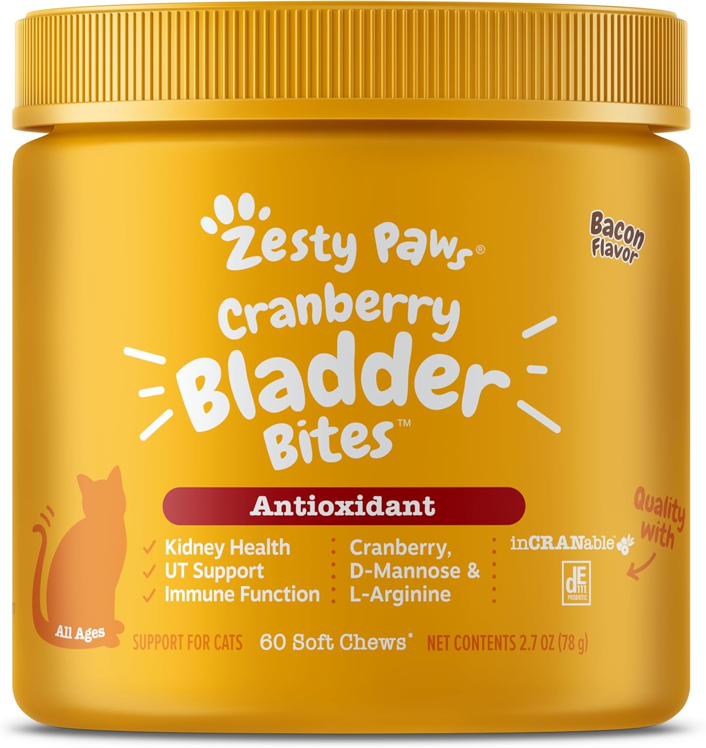 Zesty Paws Cranberry Bladder Bites for Cats - Kidney  Urinary Tract Health - Soft Chews with D-Mannose, Vitamin B6  L-Arginine - Immune  Gut Support - Bacon - 60 Count