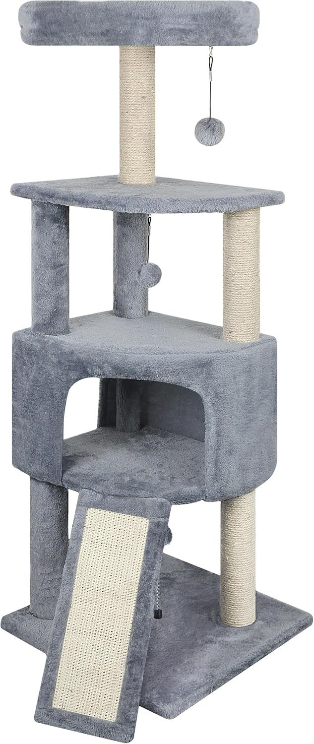 45in Cat Tree Tower with Big Cat Condo for Indoor Cats,Cat Tower Activity Center Cat Furniture with Scratching Post and Hanging Bed,Grey …