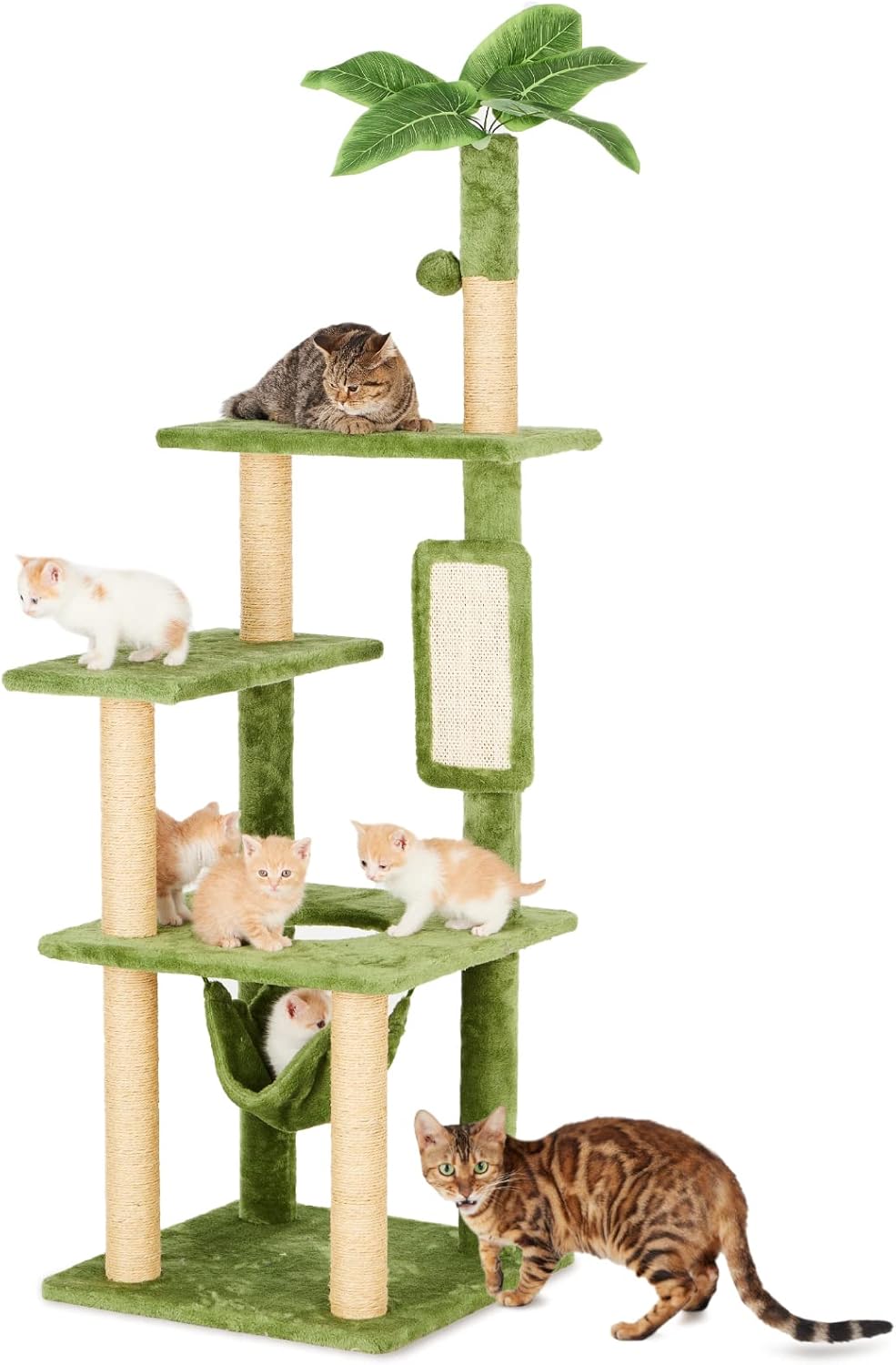 55 Cat Tree for Indoor Cats with Green Leaves, Multi-Level Large Cat Tower for Indoor Cats with Hammock, Plush Cat House with Hang Ball Toy and Cat Sisal Scratching Posts Cat Furniture, Green