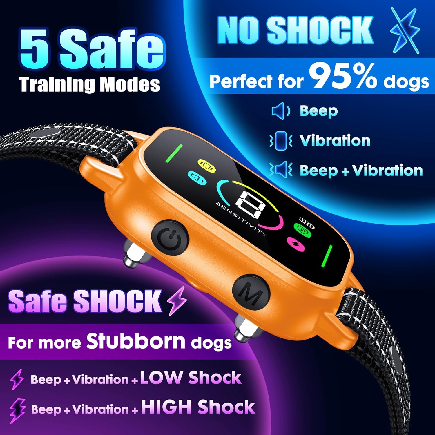 Bark Collar- Smart Dog Bark Collar for Small Medium Large Dogs, Rechargeable Anti Bark Training Collar with 8 Adjustable Sensitivity, Barking Collar with Beep Vibration Harmless Shock (Black)