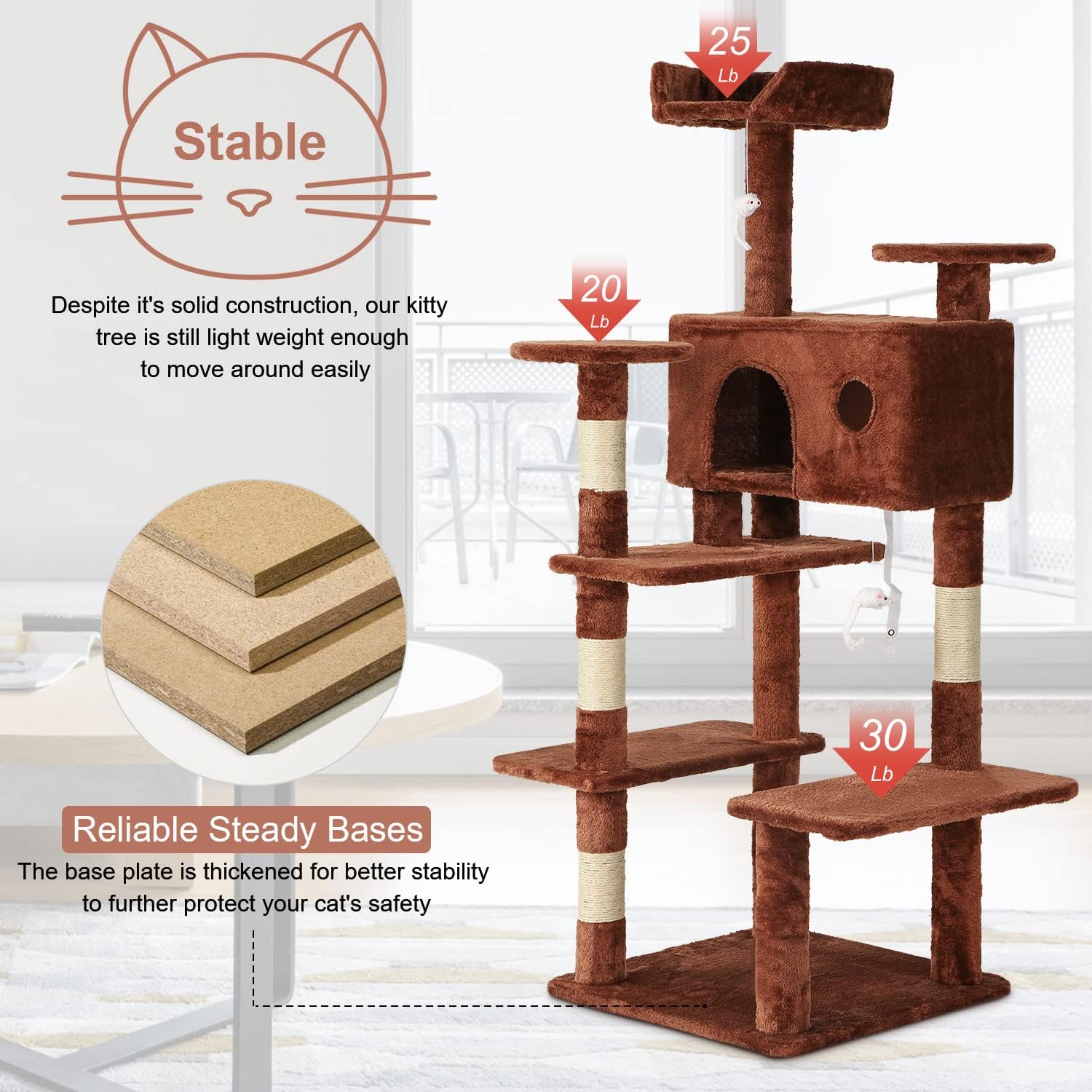 BestPet 54in Cat Tree Tower with Cat Scratching Post,Multi-Level Cat Condo Cat Tree for Indoor Cats Stand House Furniture Kittens Activity Tower with Funny Toys for Kitty Pet Play House,Brown