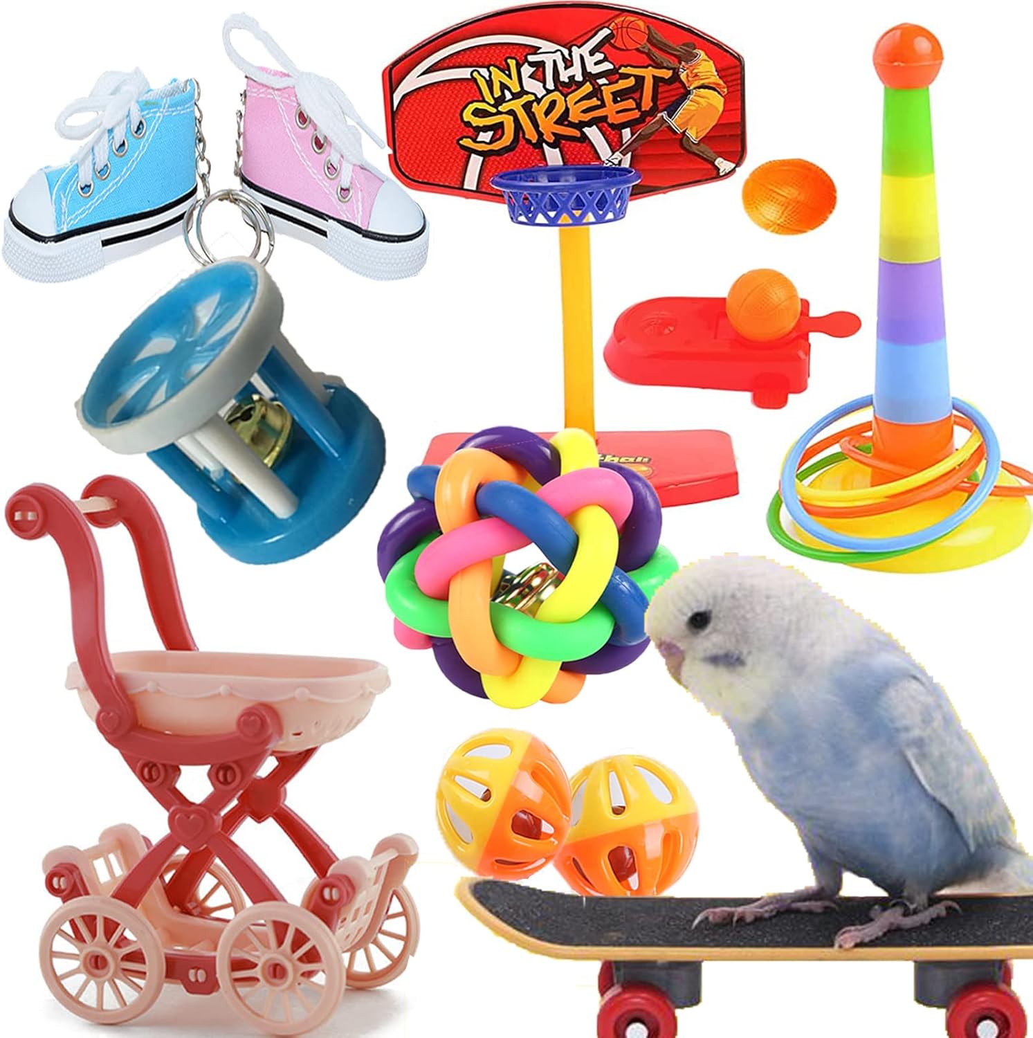 Bird Interactive Toys Parrot Puzzle Toy Trick Prop Learning Enrichment Toy for Conure Budgie Cockatiel Quaker Macaw African Grey Parakeets Finch Canary Cockatoo Lovebirds Skateboard Basketball Hoop